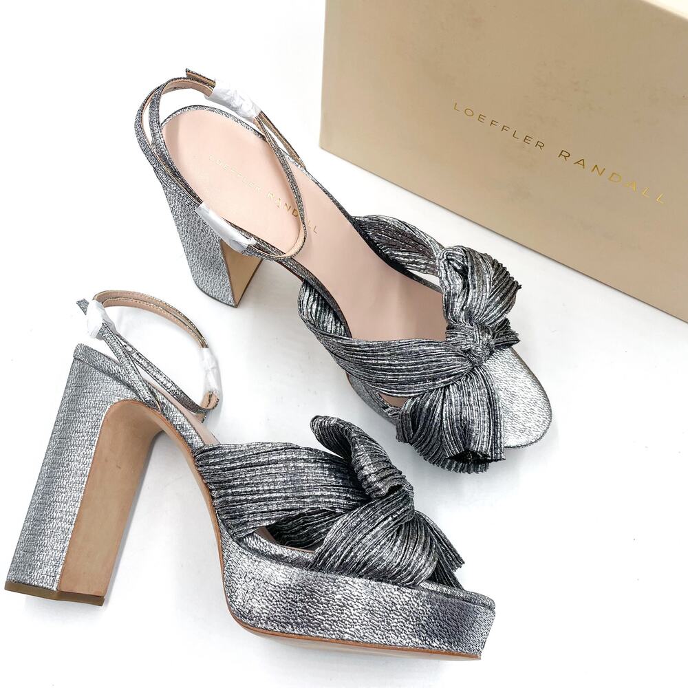Loeffler Randall Natalia Platform Sandals‎ Dasil Silver Bow Block Heels Sz 10.5